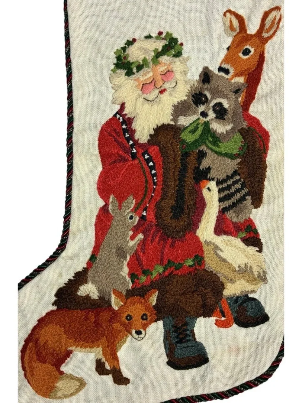 2 VTG 1980s Needlepoint Crewel Christmas Stockings Santa Claus Animals Grandpa
